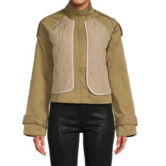 Grey Lab Quilted Jacket Olive Stand Collar Hidden Zip Button Cuff Womens Medium - Picture 1 of 16